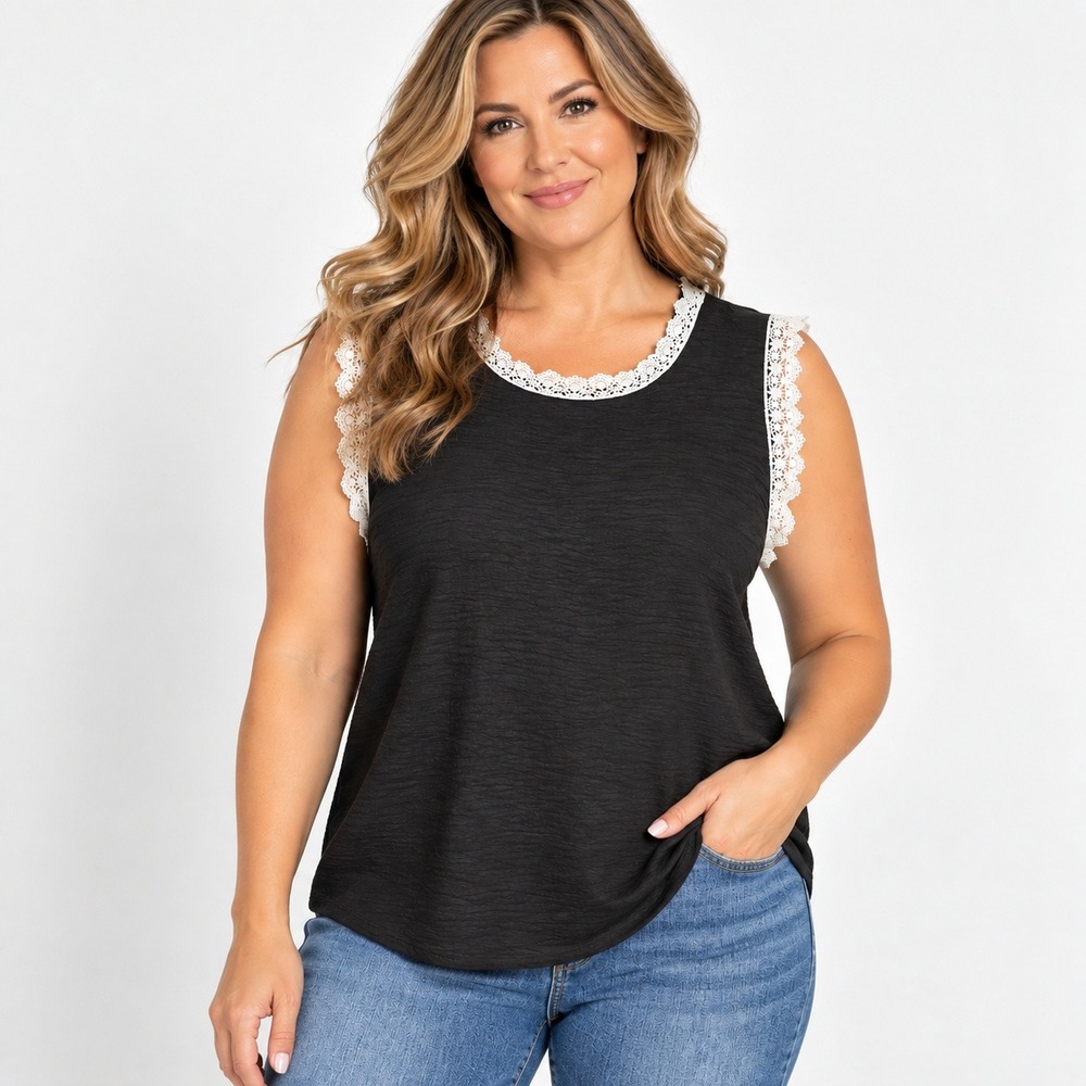 Black Textured Sleeveless Top with White Crochet Lace Trim Round Neck Tank 1XL